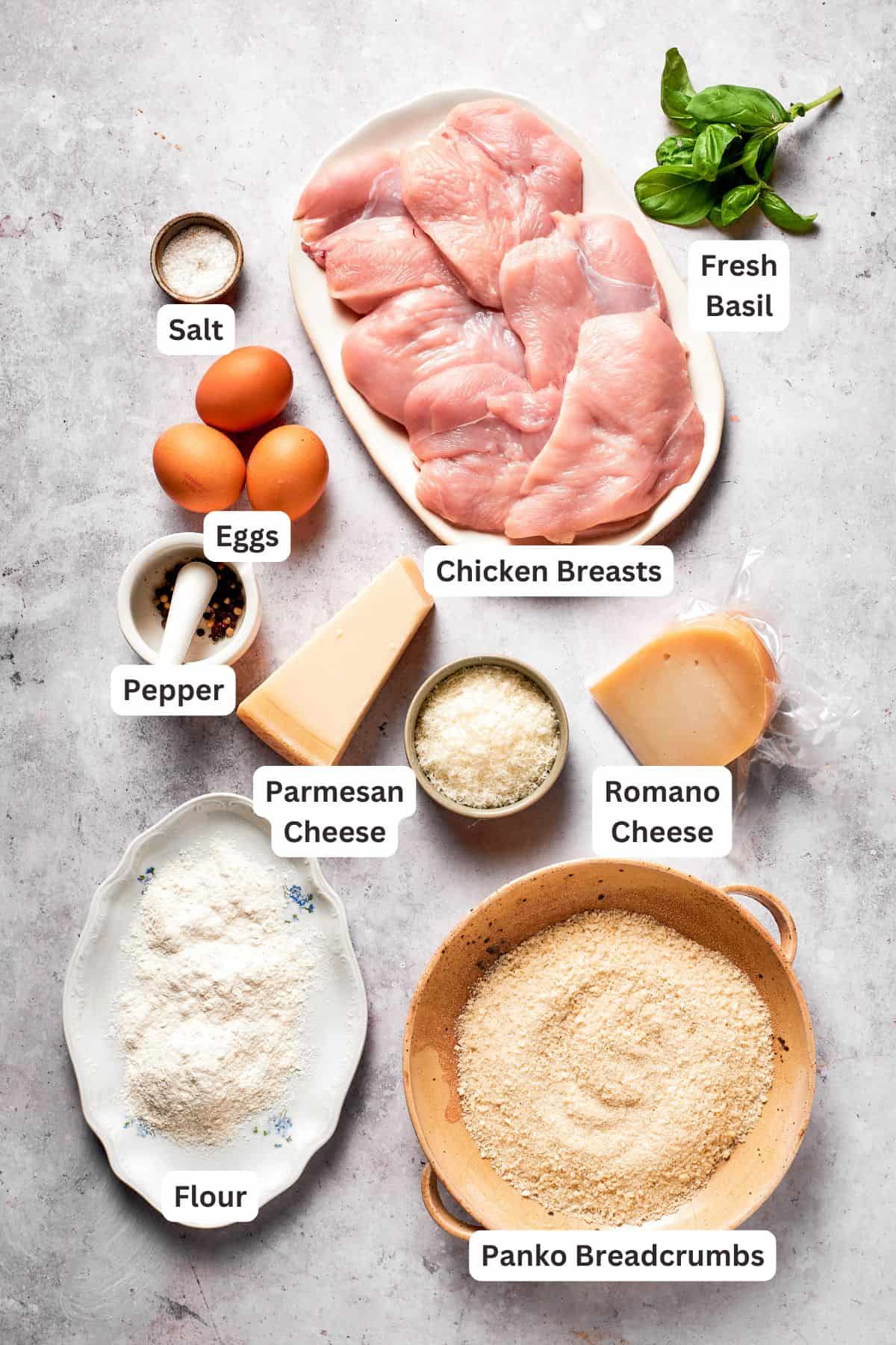 Ingredients for crusted chicken romano are text-labeled.