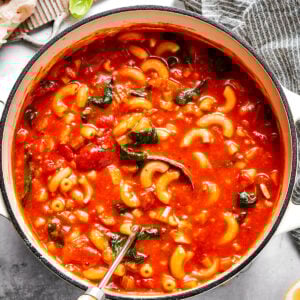 A pot of tomato Florentine soup.