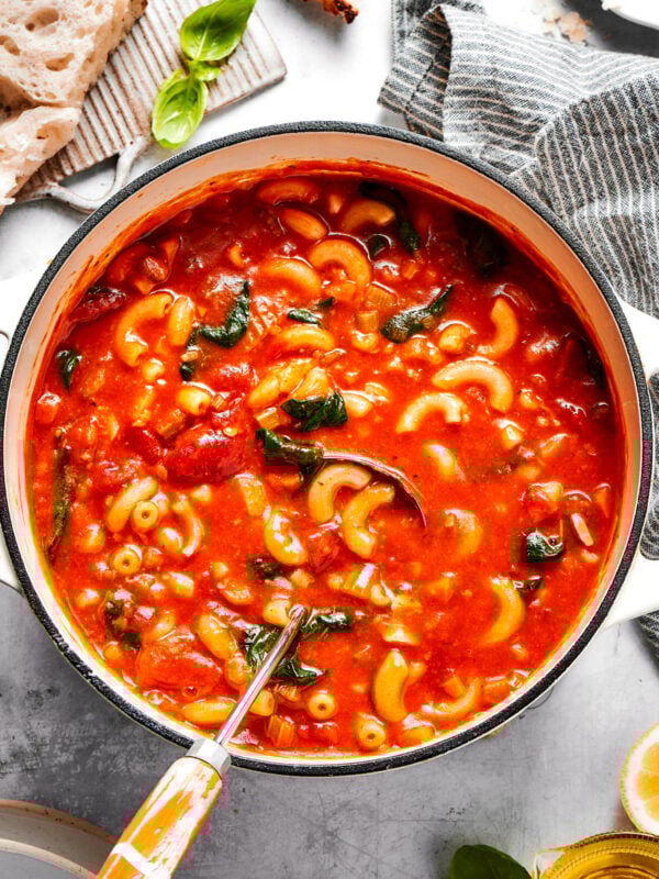 A pot of tomato Florentine soup.