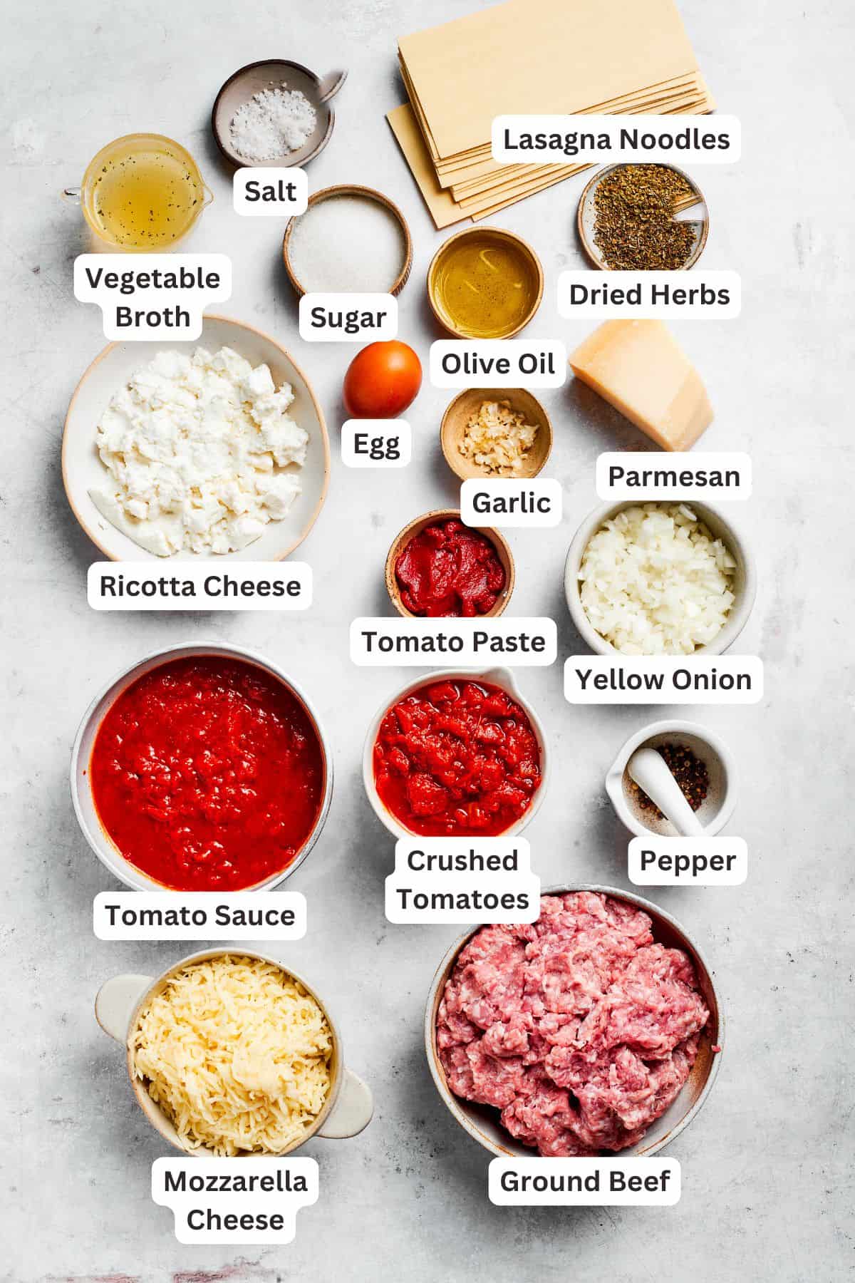 Ingredients for beef lasagna are text-labeled,