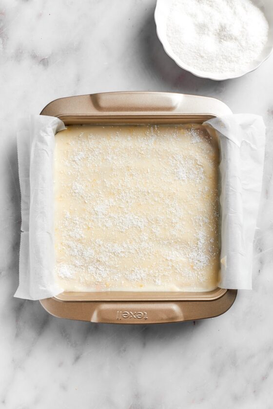 Lemon slice in a lined pan.