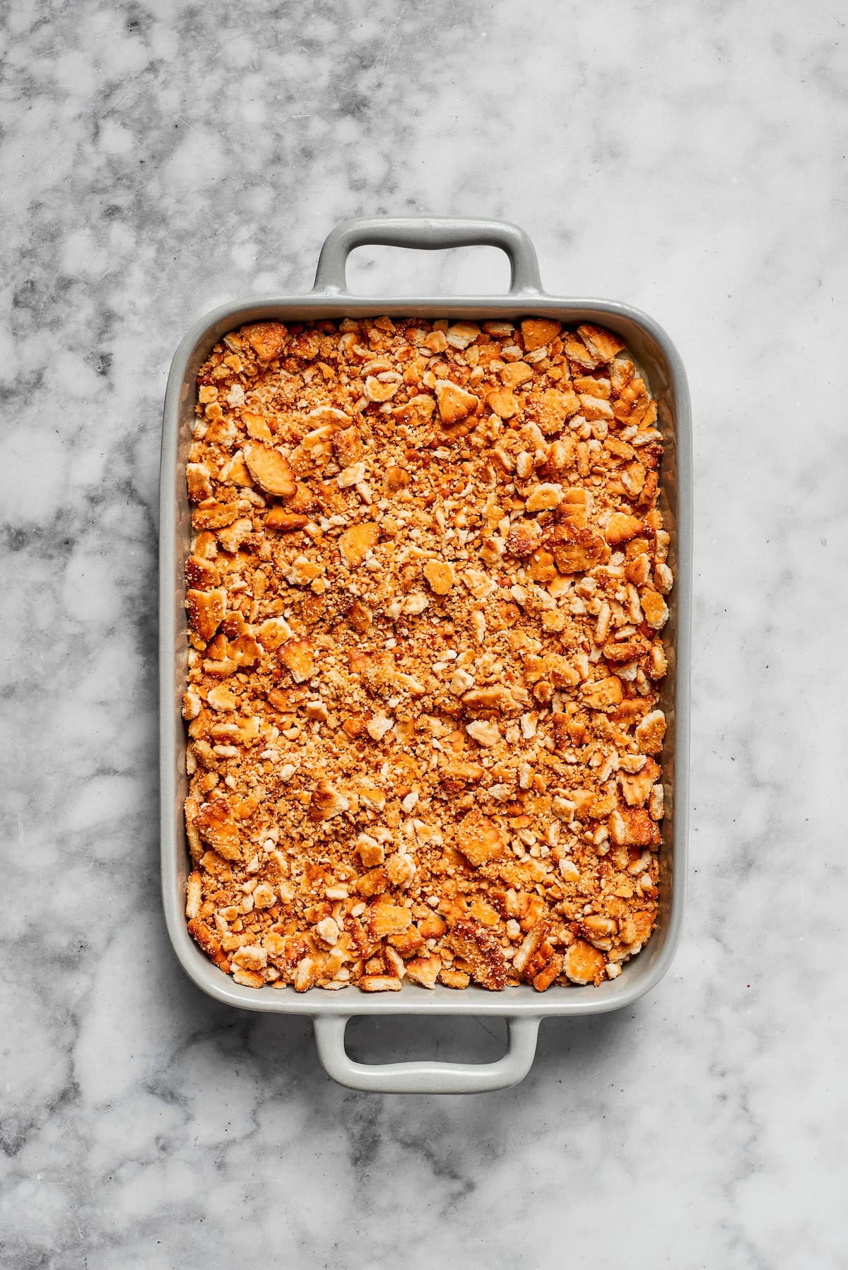 A cooked pan of million dollar chicken casserole.