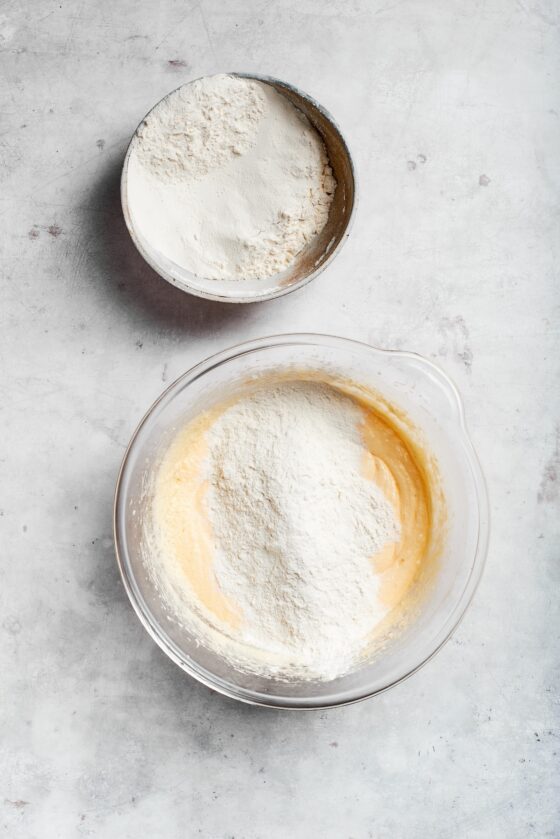 Flour mix is added to sock it to me cake batter.