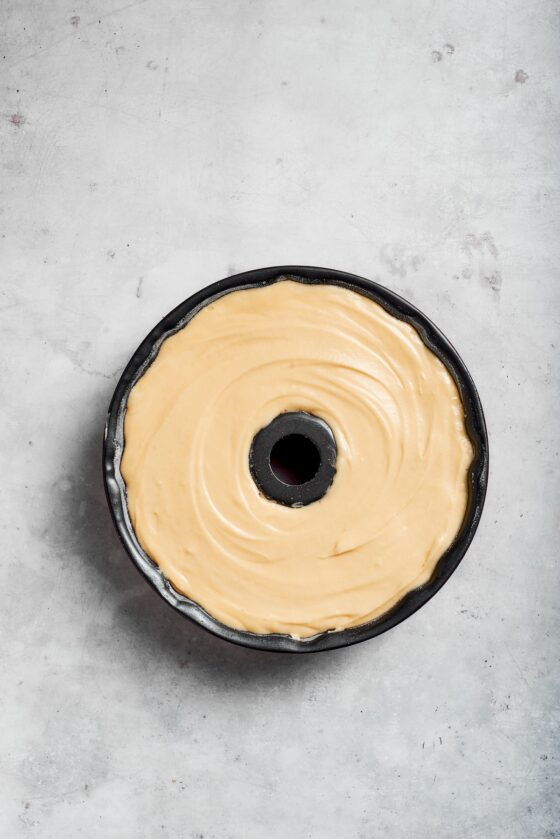 Sock it to me cake batter in a bundt pan.