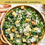 Kale salad in a bowl with text overlay of the recipe's title.