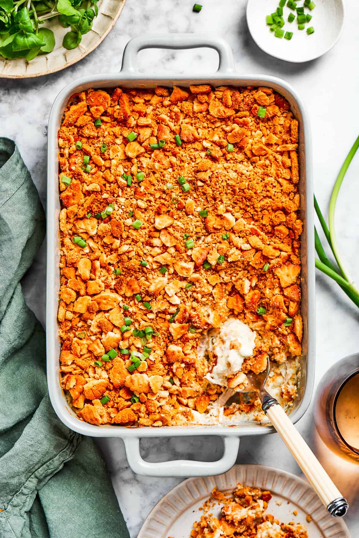 Million dollar chicken casserole topped with crushted ritz crackers.